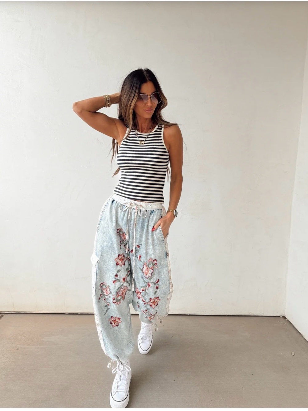 Floral Embroidered Light Blue Relaxed Women’s Jogger Pants